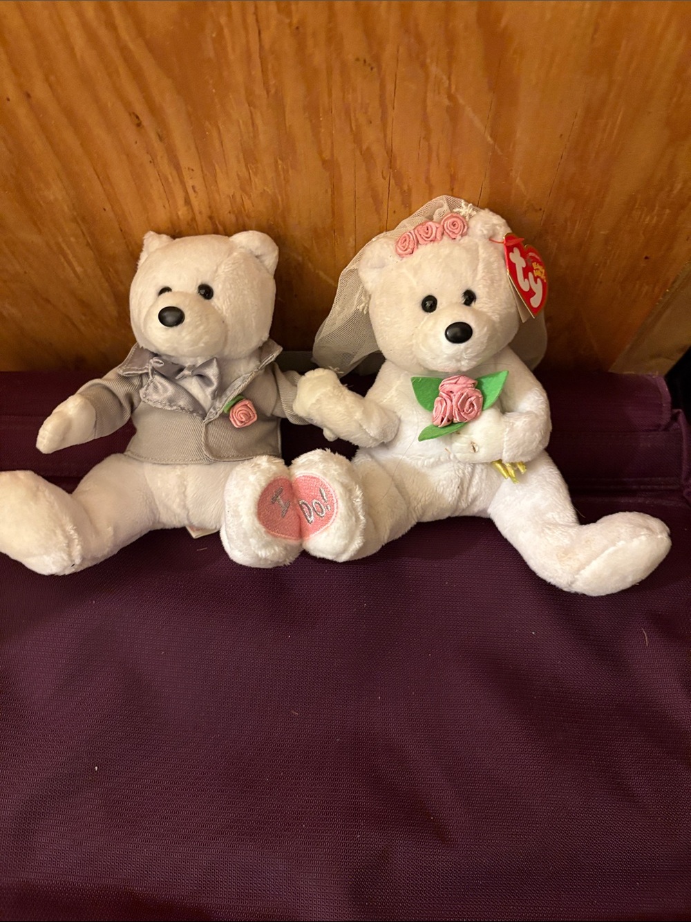 Ty White Bride and Groom Wedding Bear Pair with Pink Rose Accents